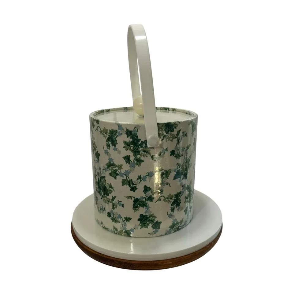 Vintage Kraftware Ice Bucket Green Ivy Blue Floral Insulated Barware with Lid